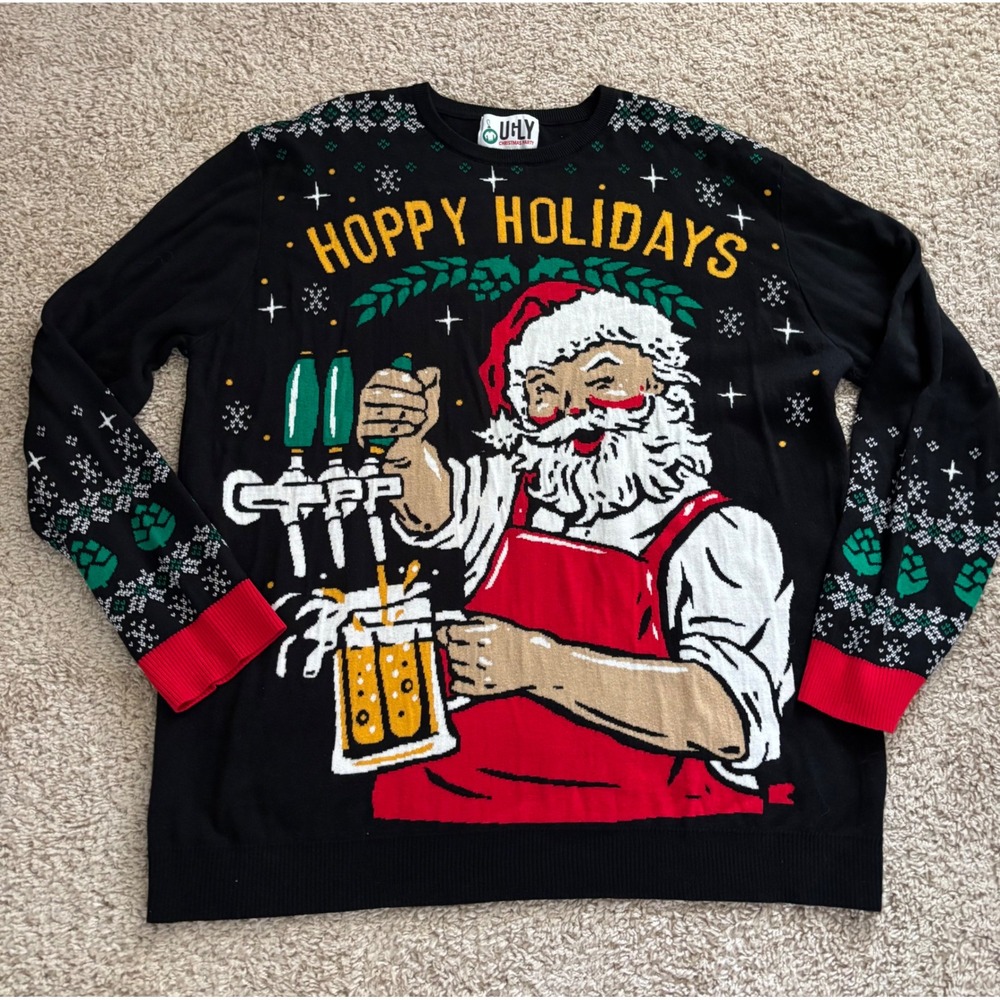 Ugly Christmas Party Hoppy Holidays Santa Beer Sweater Black 4XL